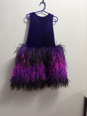 Zoe Ltd Purple Velvet Dress with Magenta Feather Trim